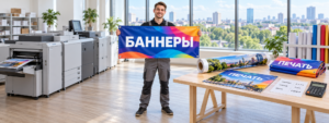 Сотрудник цифровой типографии держит баннер, рядом образцы печати, расчётный лист и калькулятор