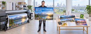 Сотрудник цифровой типографии держит широкоформатный плакат рядом с рулонным принтером, калькулятором и листом параметров