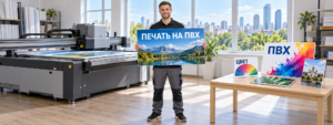 Сотрудник цифровой типографии держит напечатанную PVC-панель рядом с Ricoh UV flatbed-принтером и готовыми образцами